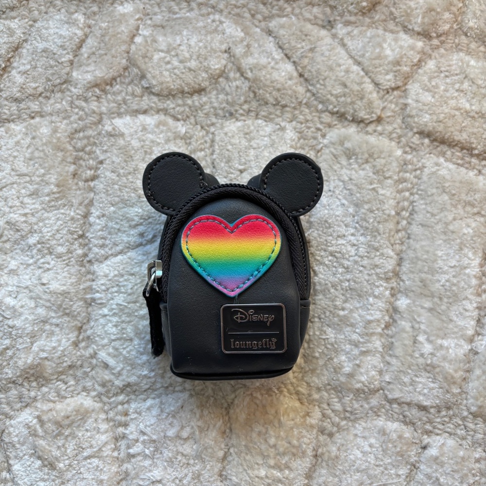 DISNEY Loungefly Black Mini Backpack Coin Purse with Rainbow Heart Pride